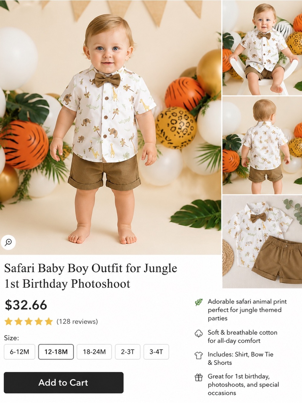 Safari Print Baby Shirt & Brown Shorts Set with Bow Tie